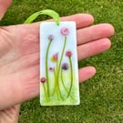 Fused glass mini hanging decoration, spring pink and purple flowers