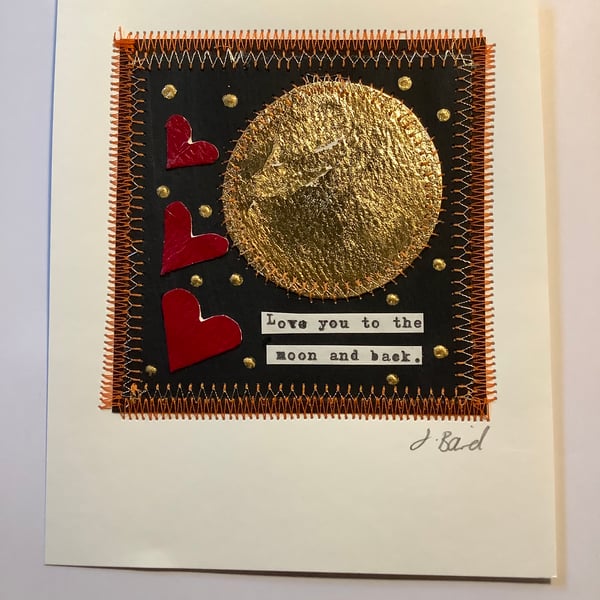 Love you to the moon and back. Original art. Valentines gift. Gold. Moon. 
