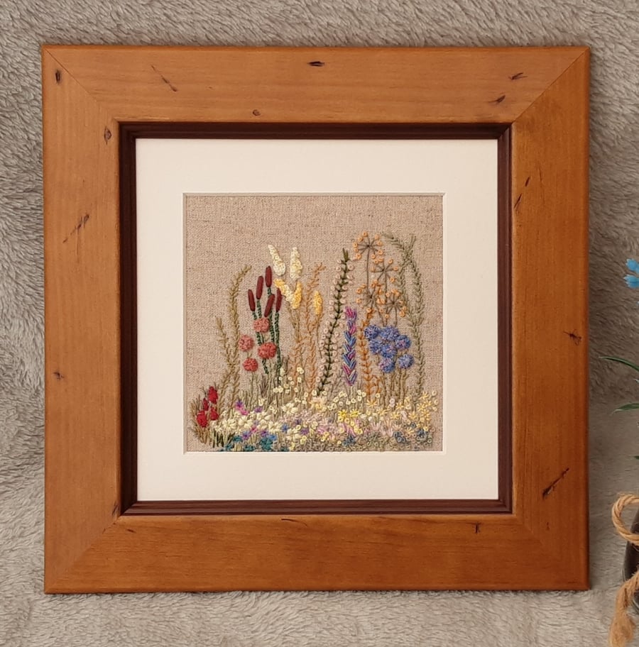 Picture, hand embroidered floral picture, a framed country garden scene