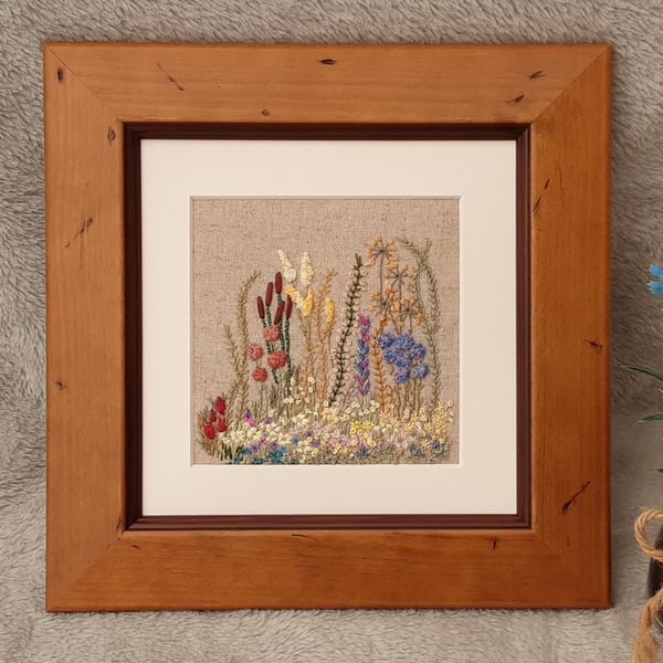 Hand embroidered framed picture, Wild flower garden hand sewn picture