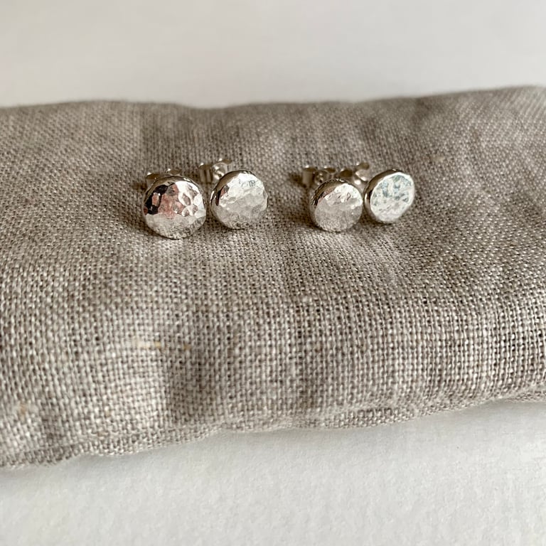 Round Hammered Silver Button Stud Earrings