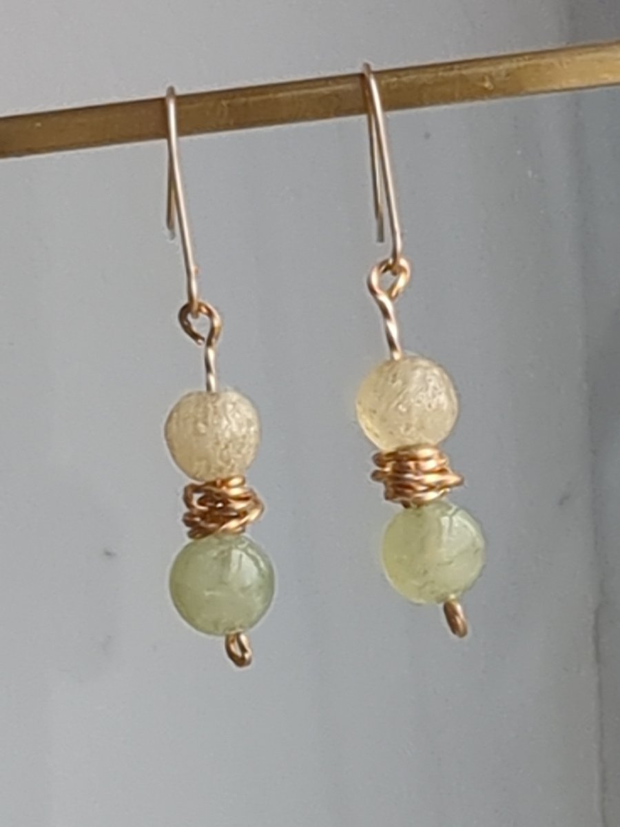 Jade and yellow quartz bead dangle earrings 