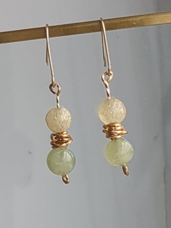 Jade and yellow quartz bead dangle earrings 