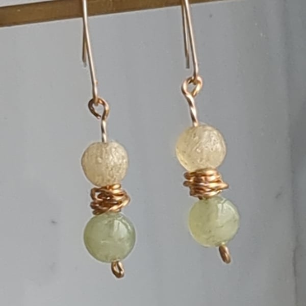 Jade and yellow quartz bead dangle earrings 