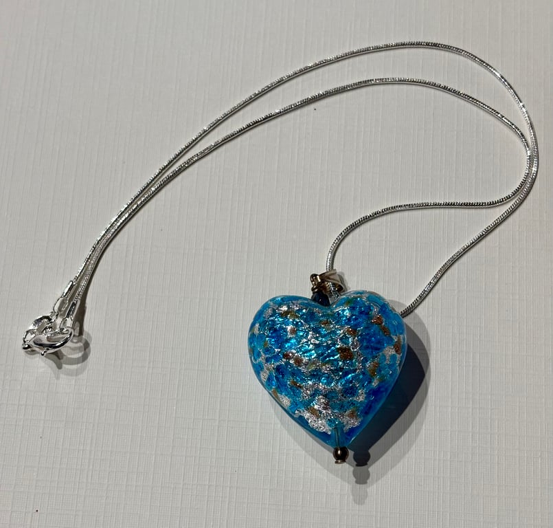 Light Blue Genuine Murano Glass Heart Necklace. Silver & Gold leaf.