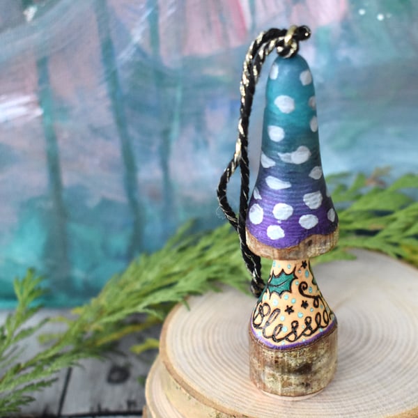 Blessed Be. Pyrography hanging toadstool decoration.