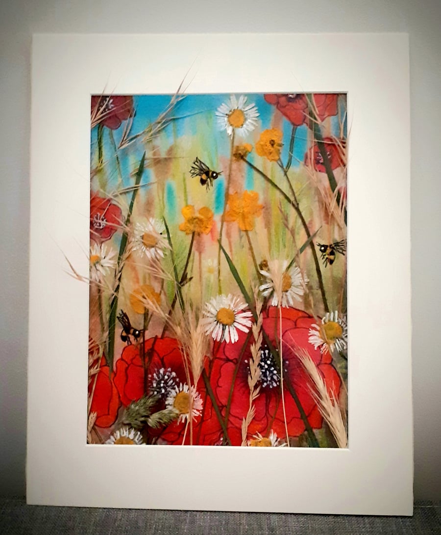 "Meadow" pastel painting embellished with pressed flower and grasses