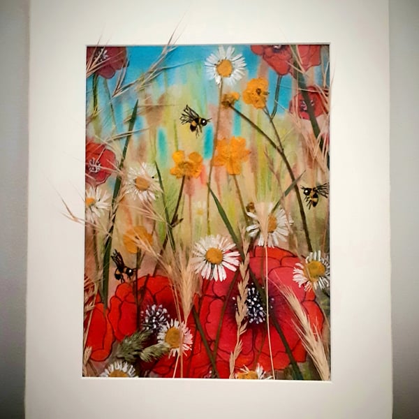 "Meadow" pastel painting embellished with pressed flower and grasses