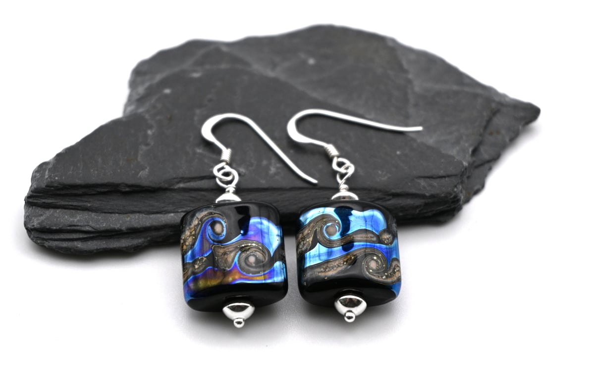 lampwork glass earrings, black and silver wrapped