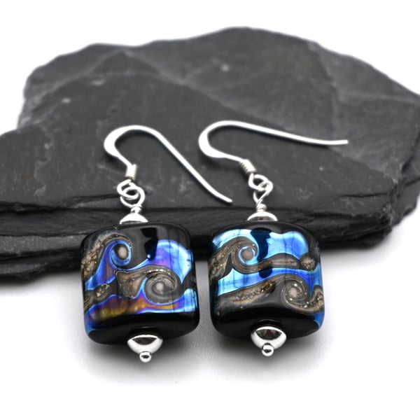 lampwork glass earrings, black and silver wrapped