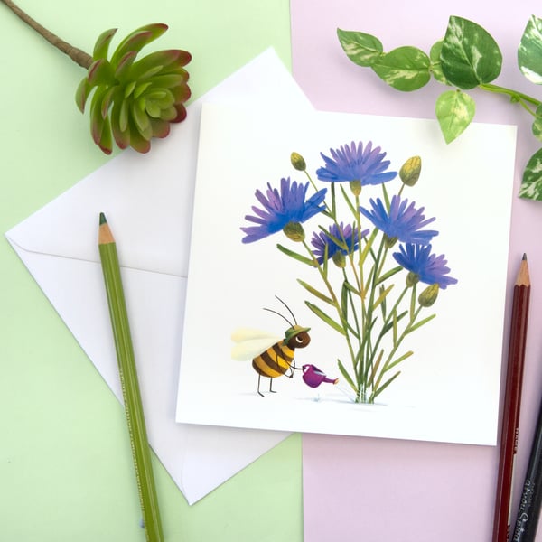 Gardening Bee and Wildflower Blank Greetings Card Card for Gardeners