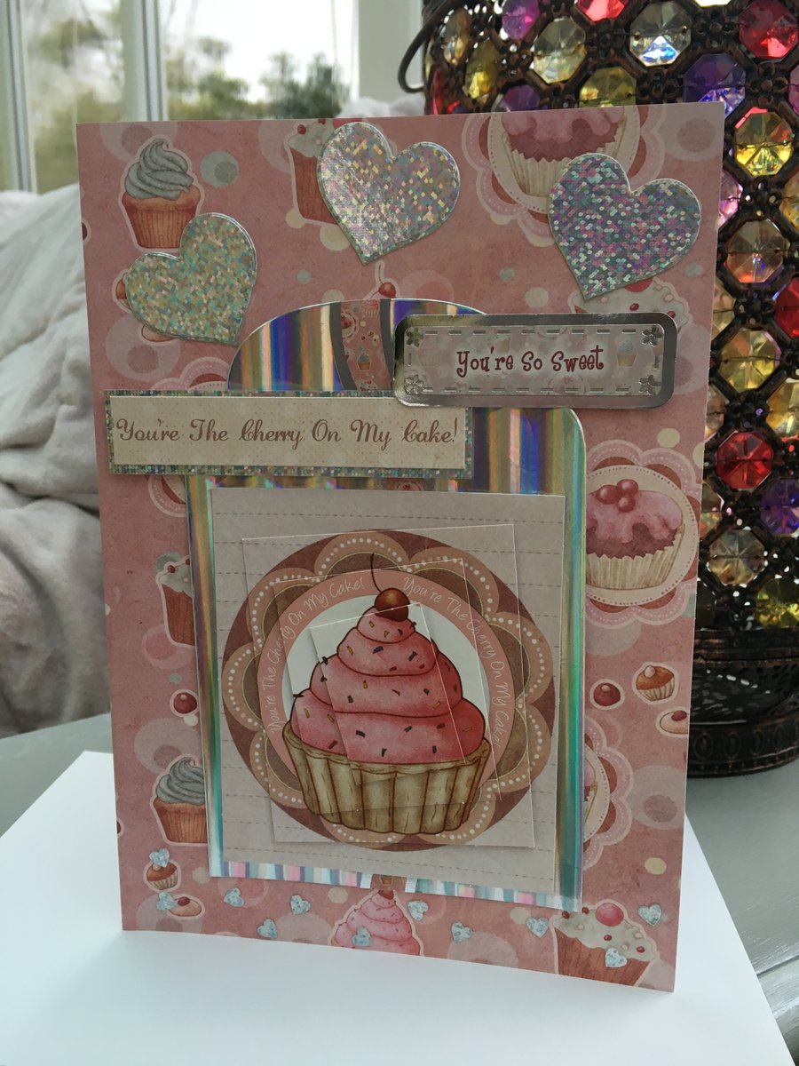 Cherry cupcake and hearts Valentine's card