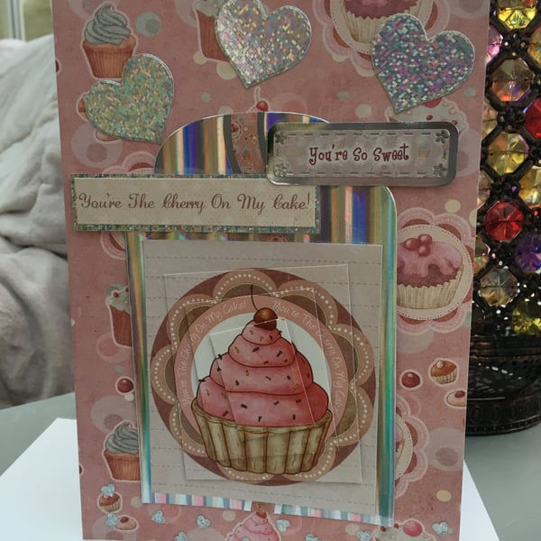 Cherry cupcake and hearts Valentine's card