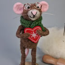 Needle Felted Brown Mouse with a big Heart - Woollen Decoration 