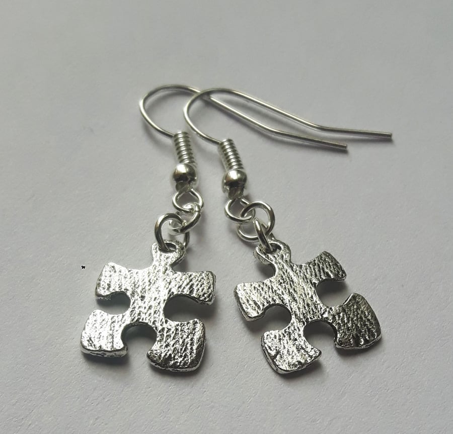 Jigsaw Puzzle Earrings Drop Dangle Silver Plate Geek Chic Kitsch