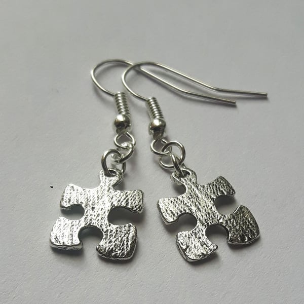 Jigsaw Puzzle Earrings Drop Dangle Silver Plate Geek Chic Kitsch