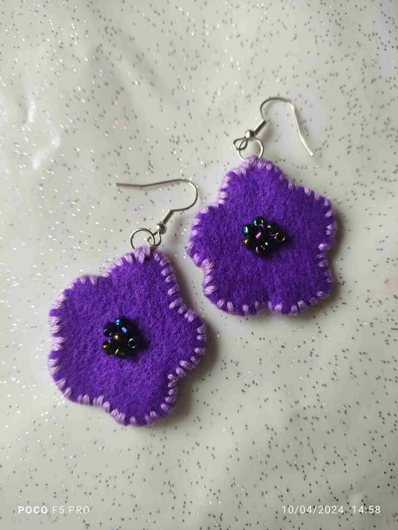 Purple felt flower earrings