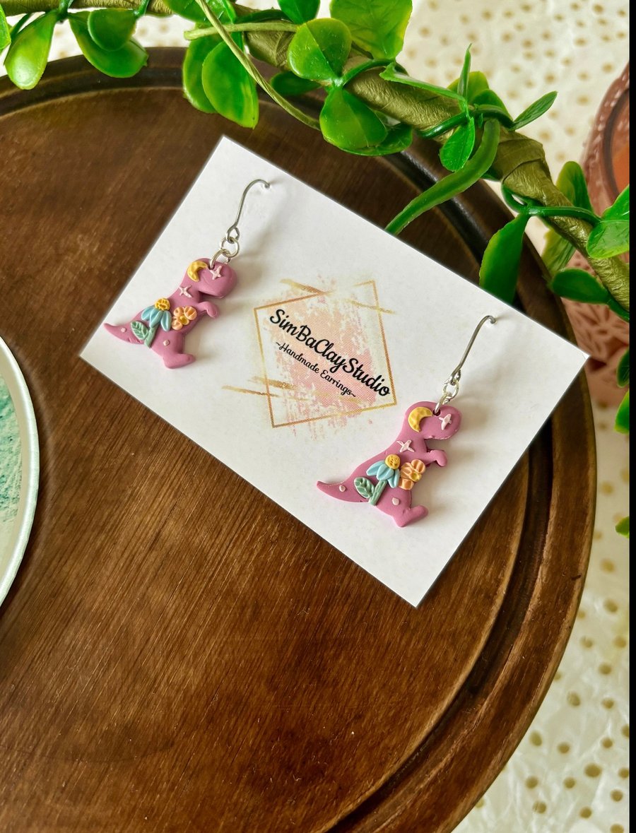 Floral dinosaurs polymer clay dangle earrings 