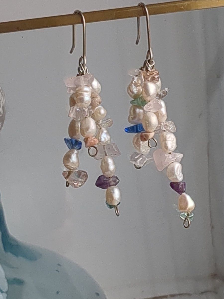 Three strand pearl and gemstone dangle earrings 
