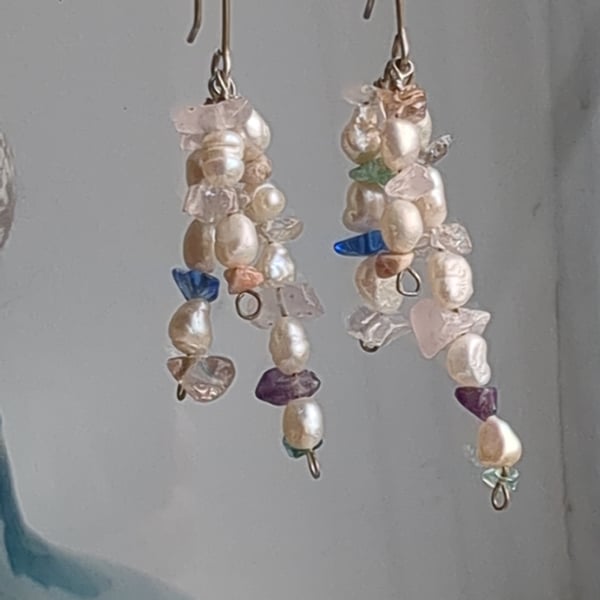 Three strand pearl and gemstone dangle earrings 
