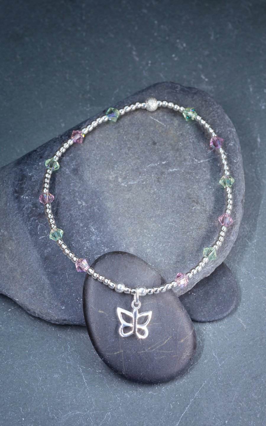 Sale-dainty silver butterfly bracelet with Swarovski beads