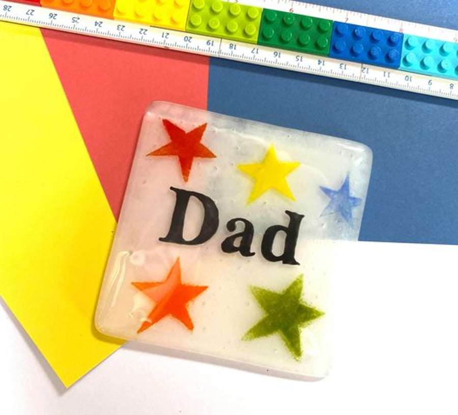 Fathers Day Fused Glass Coaster - DAD with stars