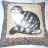 A very pretty fluffy grey tabby and white cat cushion