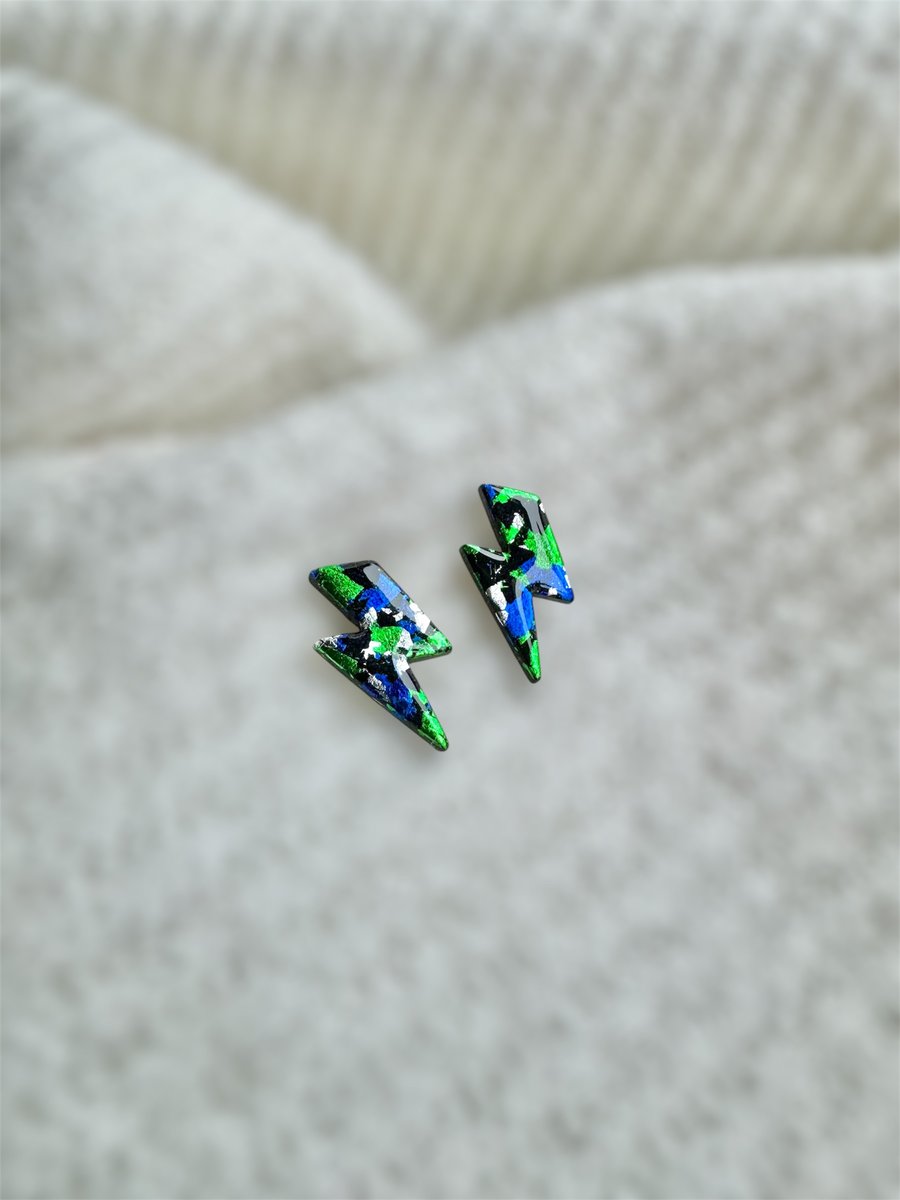 Lightning Bolt Earrings - Black Blue Green Silver
