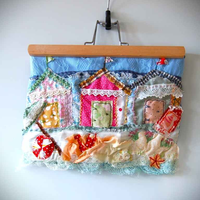 Beach Huts - Upcycled Applique Art textile picture