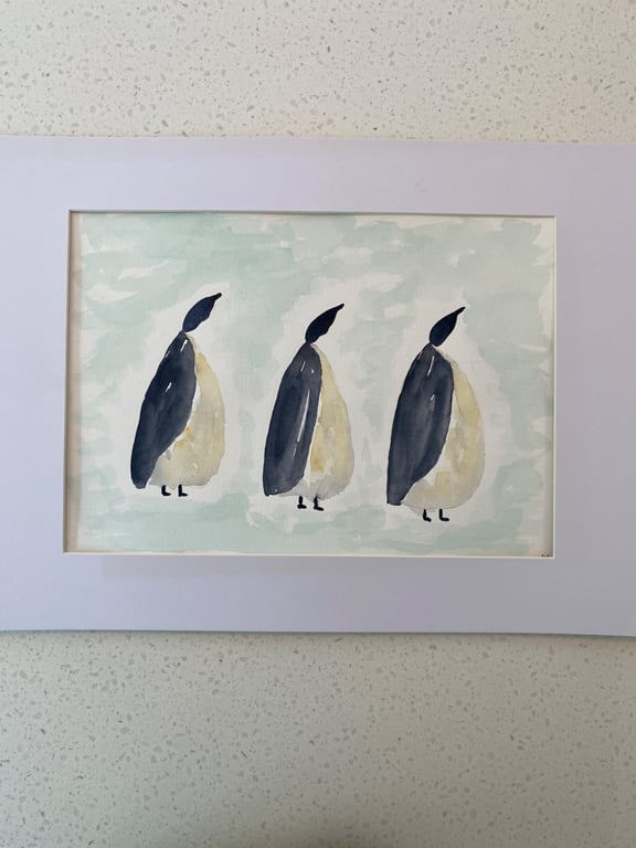 Three Marching Penguins original watercolour painting. Size A4