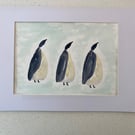 Three Marching Penguins original watercolour painting. Size A4