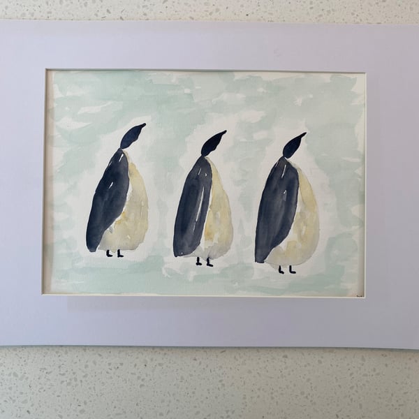 Three Marching Penguins original watercolour painting. Size A4