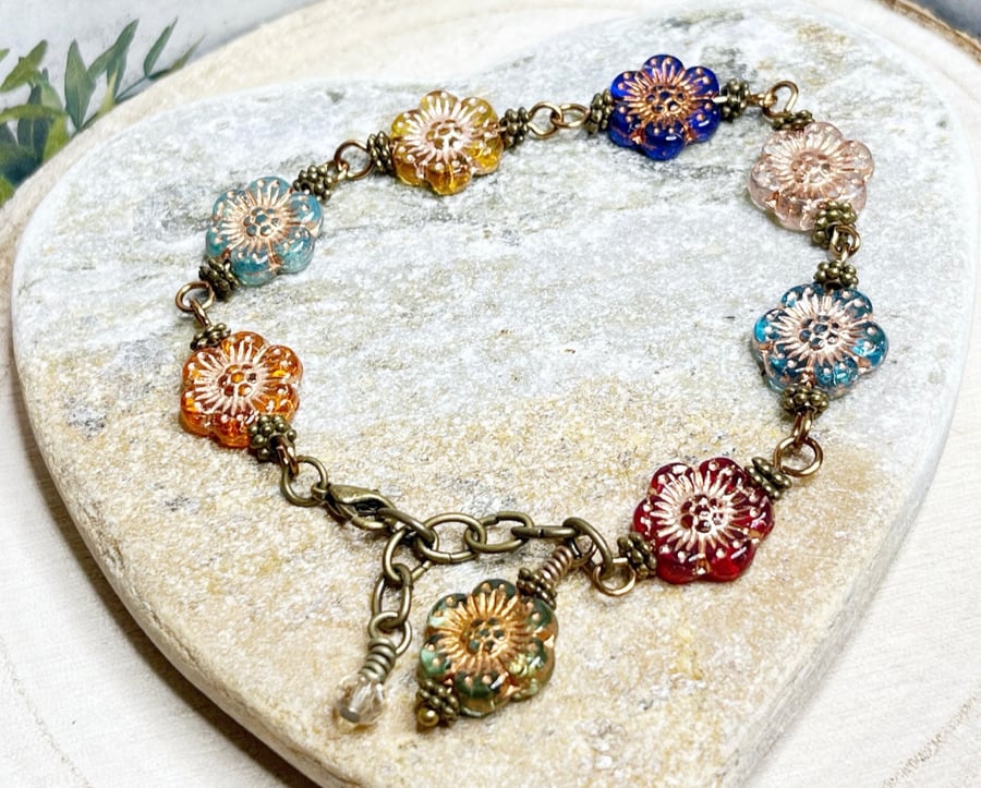 Colourful boho flower Czech glass bead bracelet 