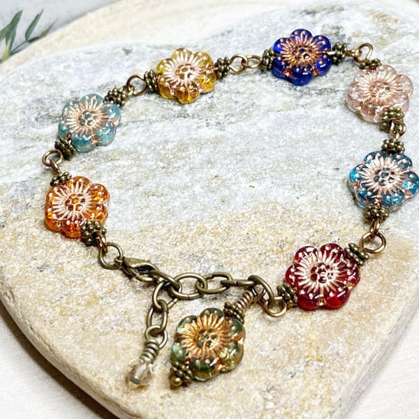 Colourful boho flower Czech glass bead bracelet 