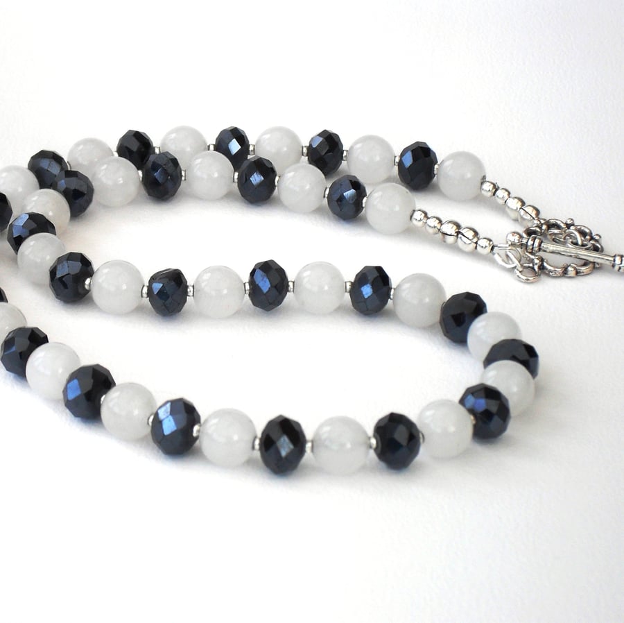 SALE: White jade and jet crystal handmade necklace 