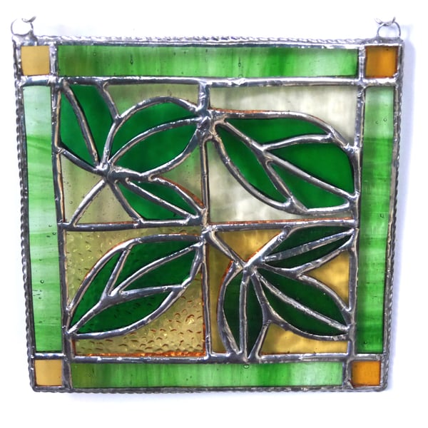 Leaf Tile Suncatcher Stained Glass Spring Green Framed Picture 007