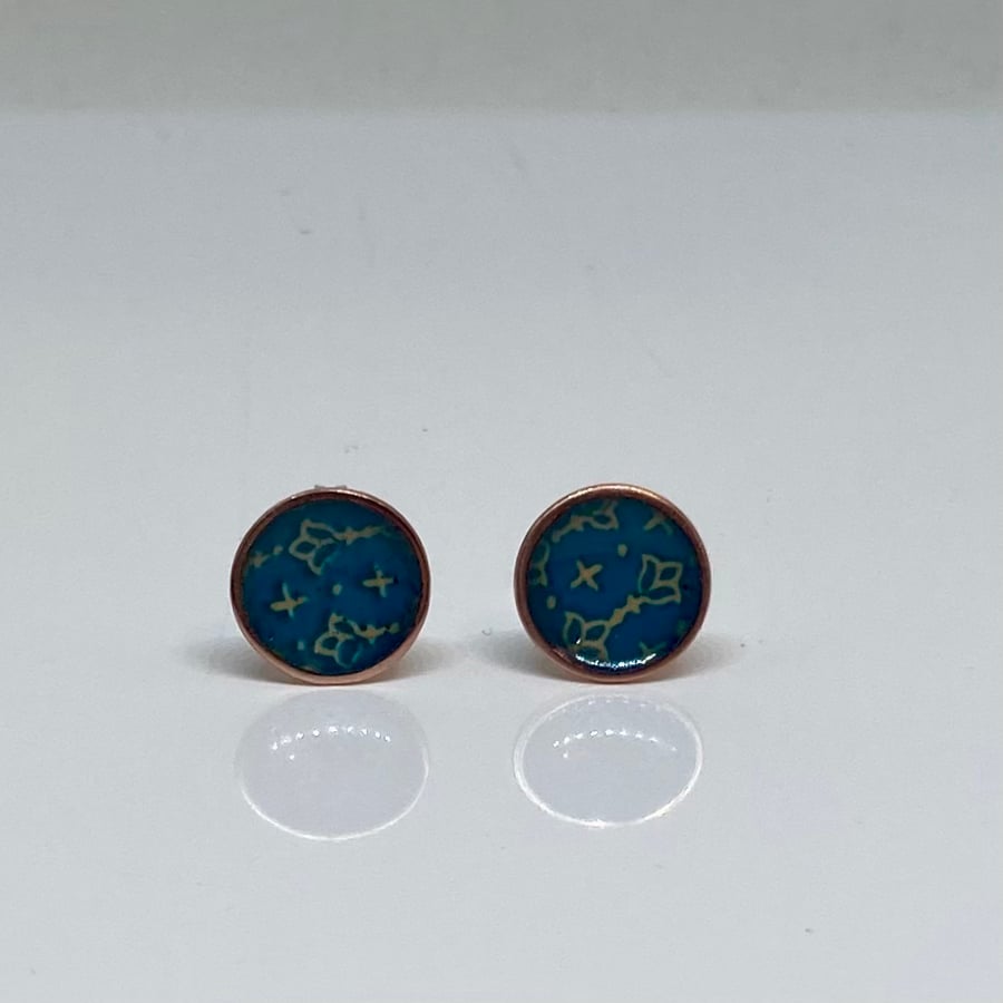 Teal patchwork enamel stud earrings