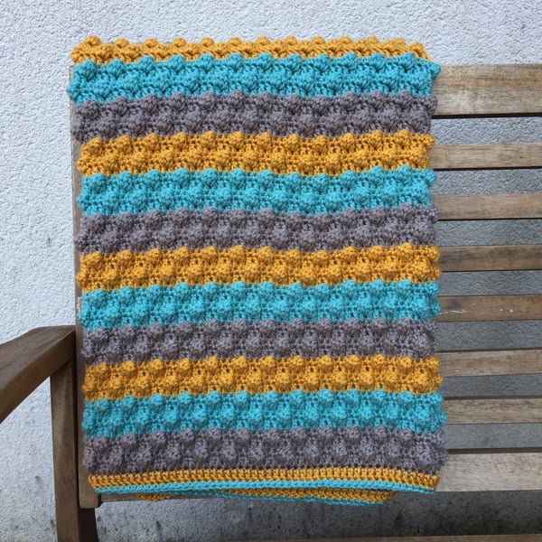 Teal and Mustard Crochet Bobble Blanket, Crochet Throw, Free UK Shipping