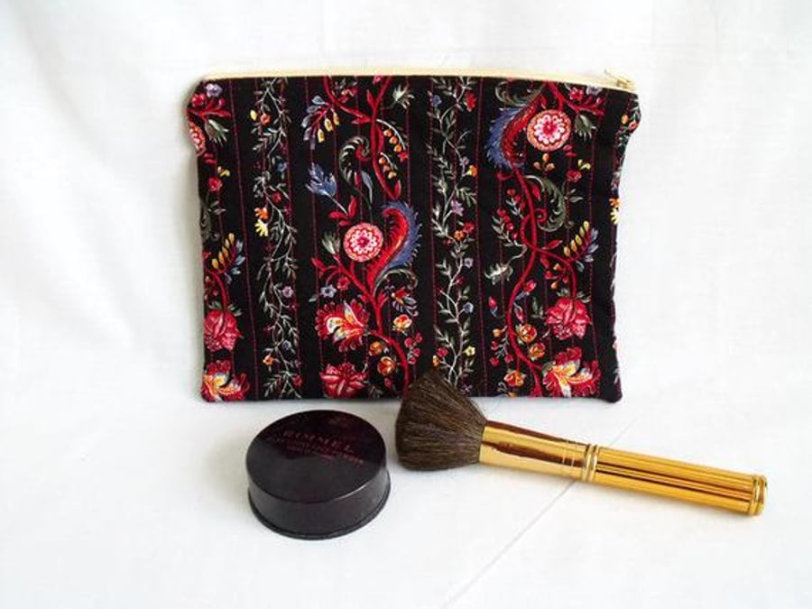 black floral zipped make up pouch, pencil case or crochet hook case