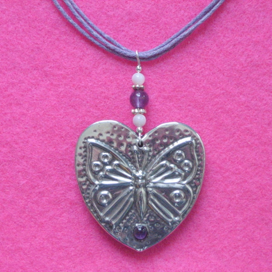 Amethyst butterfly necklace in silver pewter