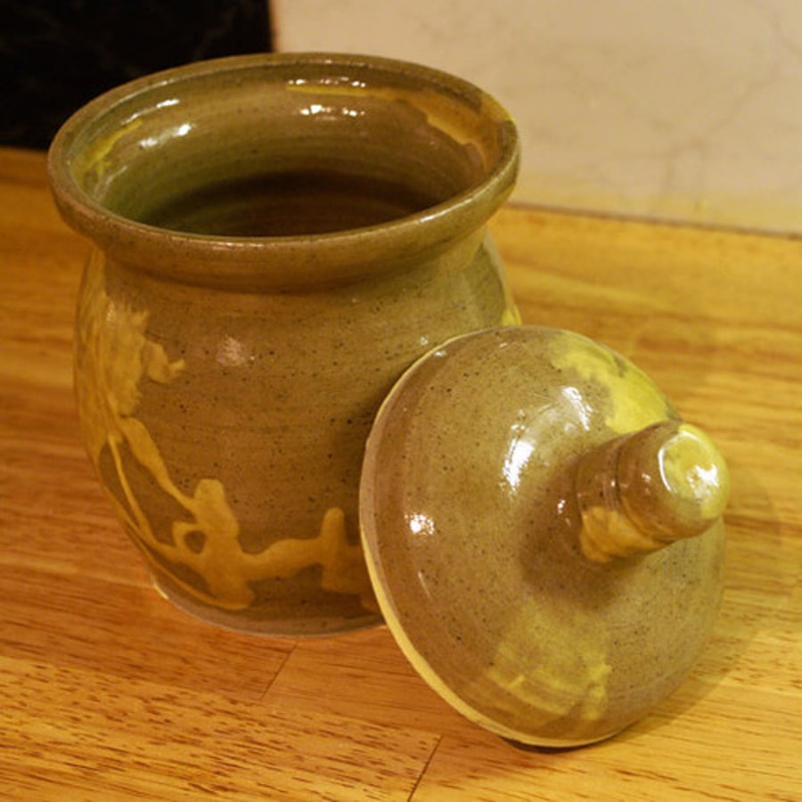 Brown and yellow ceramic cookie / biscuit jar