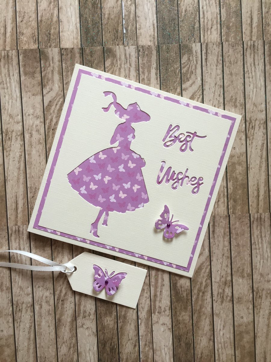Luxury handmade Best Wishes card with lady in lavender butterfly dress