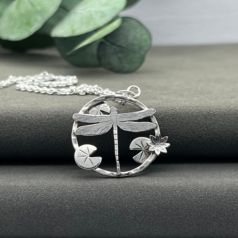 Handmade Sterling Silver Dragonfly Pool Pendant