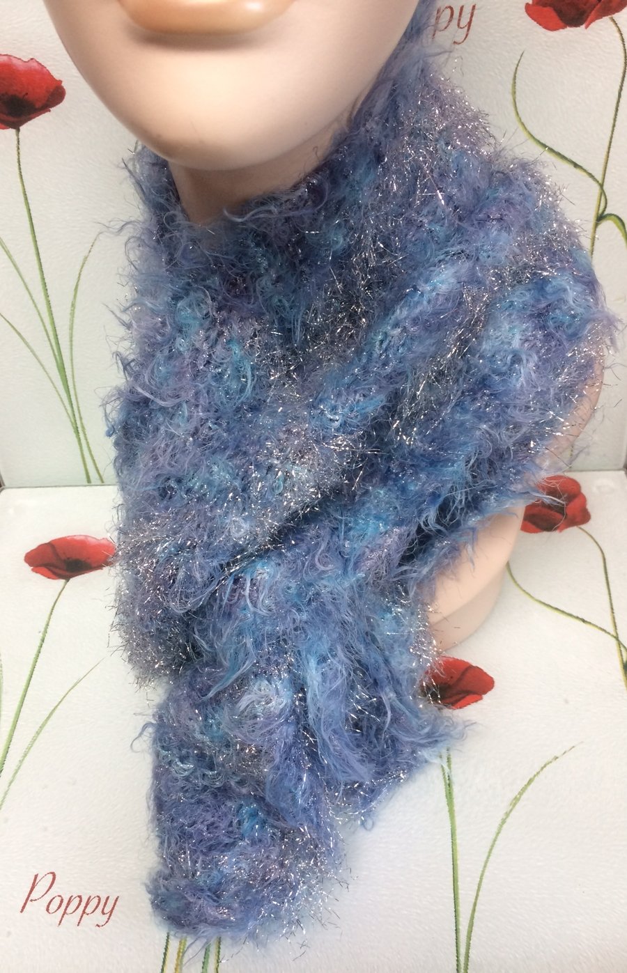 Hand Knitted Super Sparkly Blue Glittery Fashion Scarf by Poppy Kay Designs