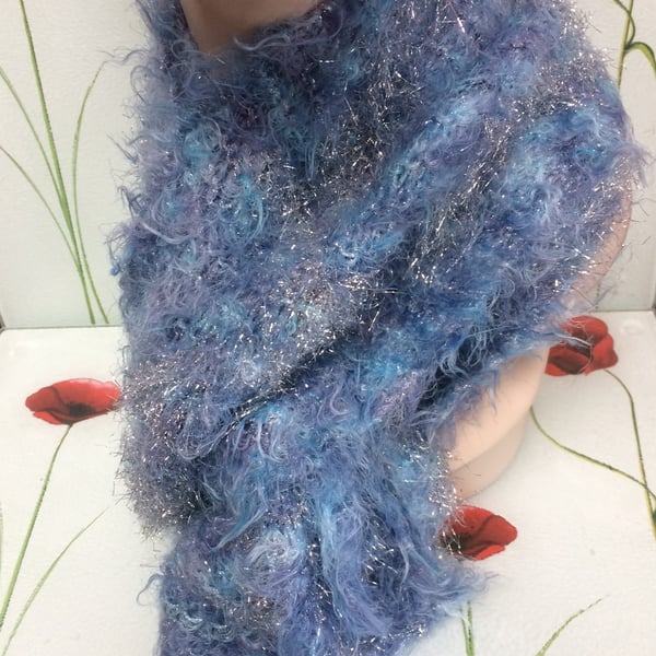 Hand Knitted Super Sparkly Blue Glittery Fashion Scarf by Poppy Kay Designs