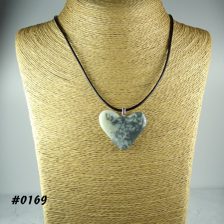 Grey handcrafted fused glass heart pendant on a black leather cord (0169)