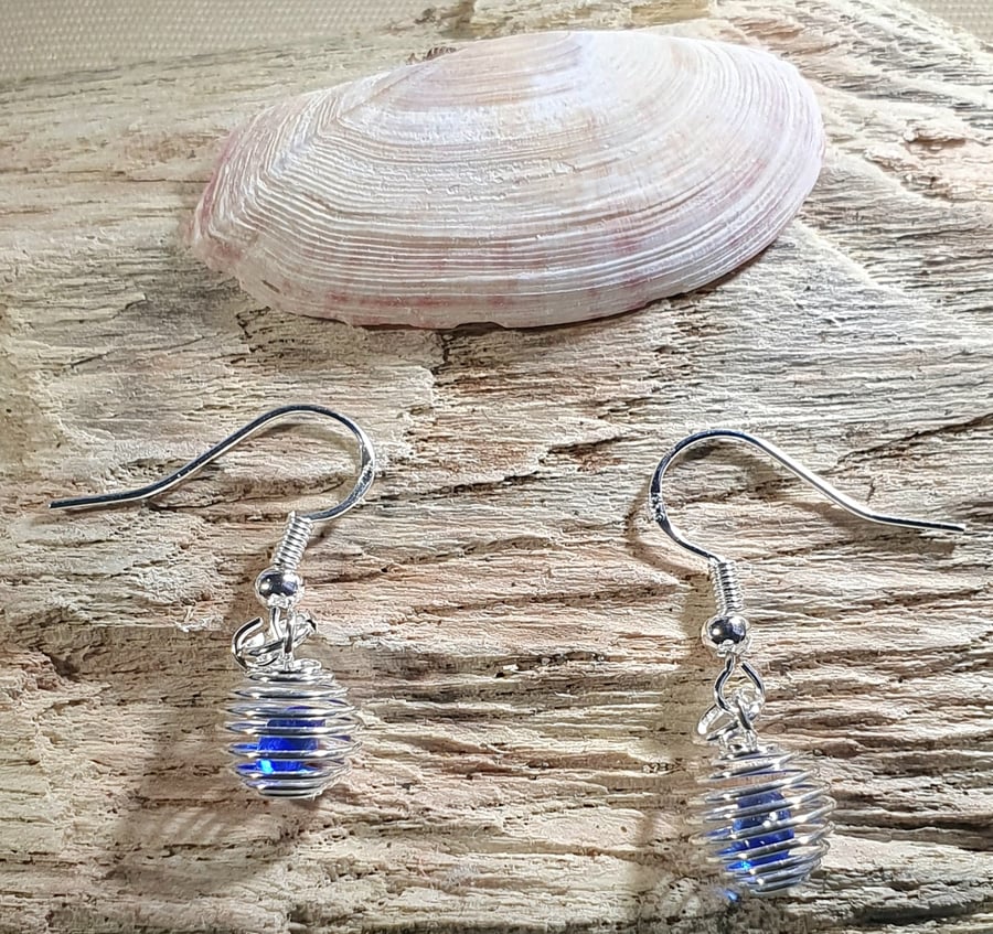 Cobalt Blue Seaglass Earrings with Silver Plated Cages & Hooks