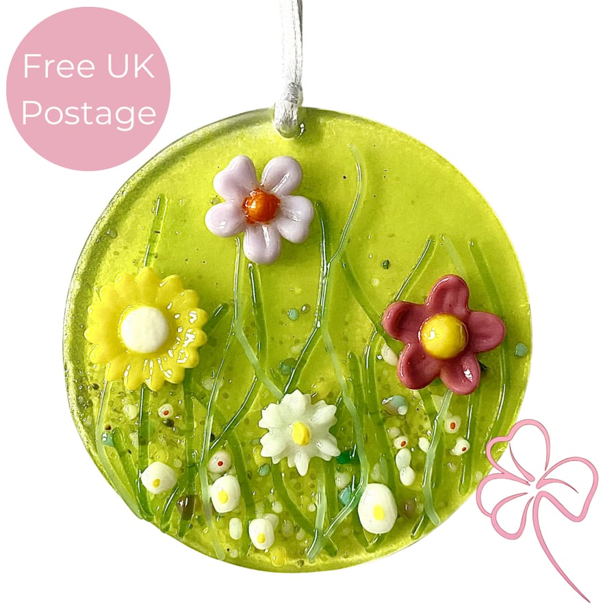 Fused Glass Wildflower Meadow Hanging Decoration - Lilac, Yellow & Deep Pink