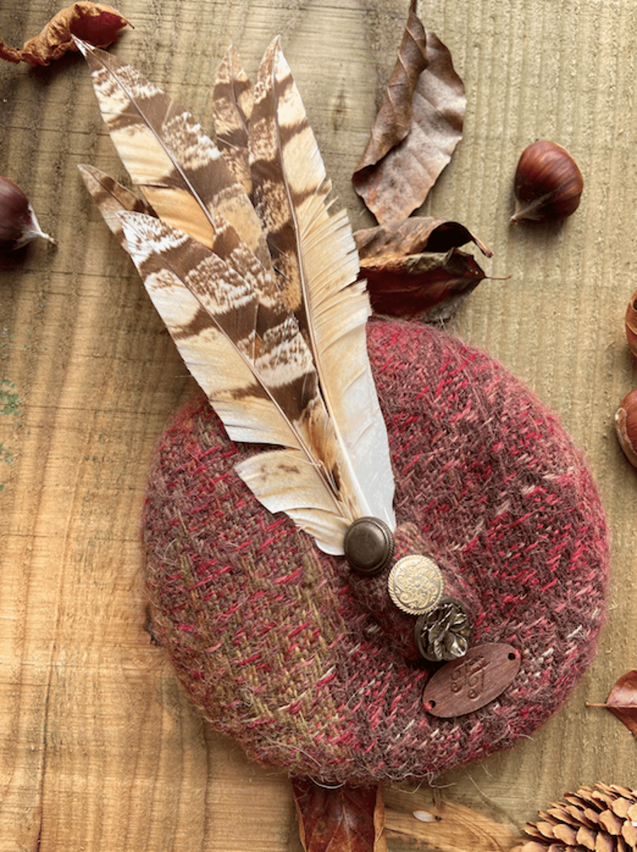 Hand Painted & Woven Fabric Covered Beret Fascinator Trimmed with Owl Feathers