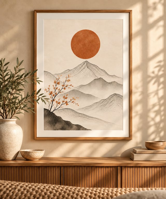 Rising Sun Japandi Wall Art, Japanese Minimalist Mountain Print (Physical Print)